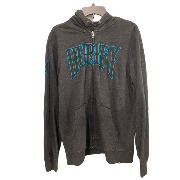 Y2K Hurley Men's Gray Full Zip Logo Sweatshirt Jacket with Hood Size L - Picture 1 of 4